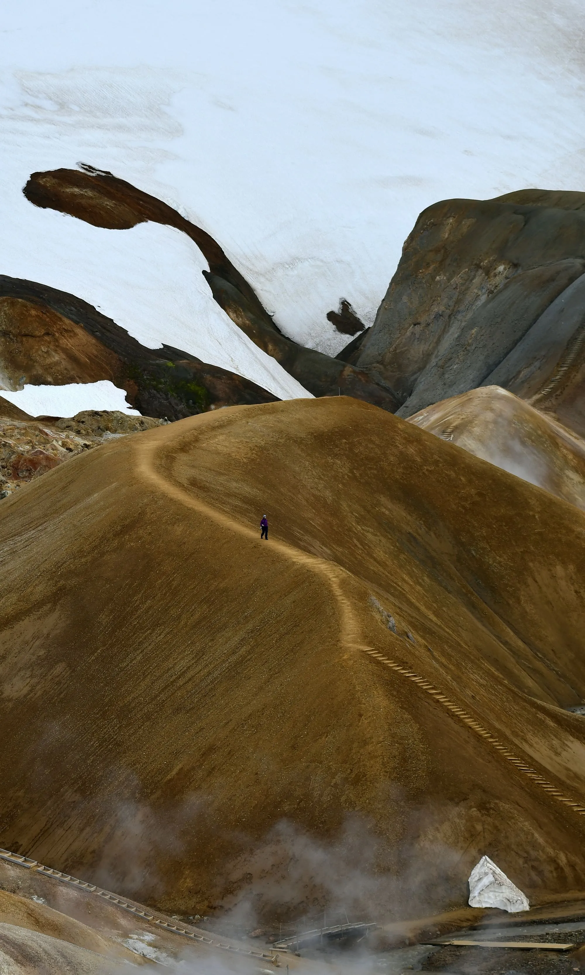 นักเดินป่าบนสันเขาสีน้ำตาลทอง ไอน้ำพุร้อนและหิมะที่ Kerlingarfjöll
